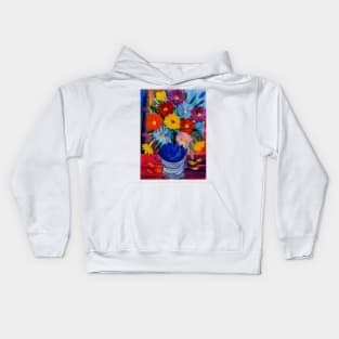 Some fun and colorful abstract flowers in glass vase set against a multi color background. Kids Hoodie